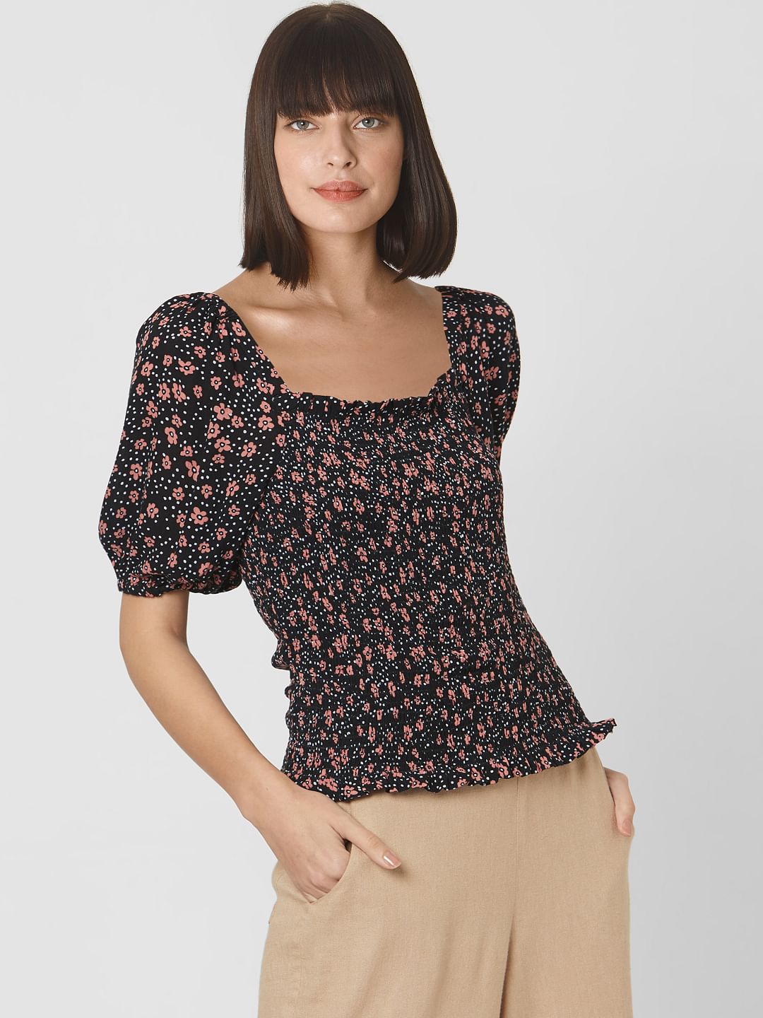 Black All Over Floral Print Smock Top