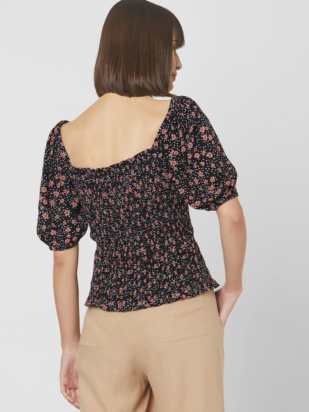 Black All Over Floral Print Smock Top