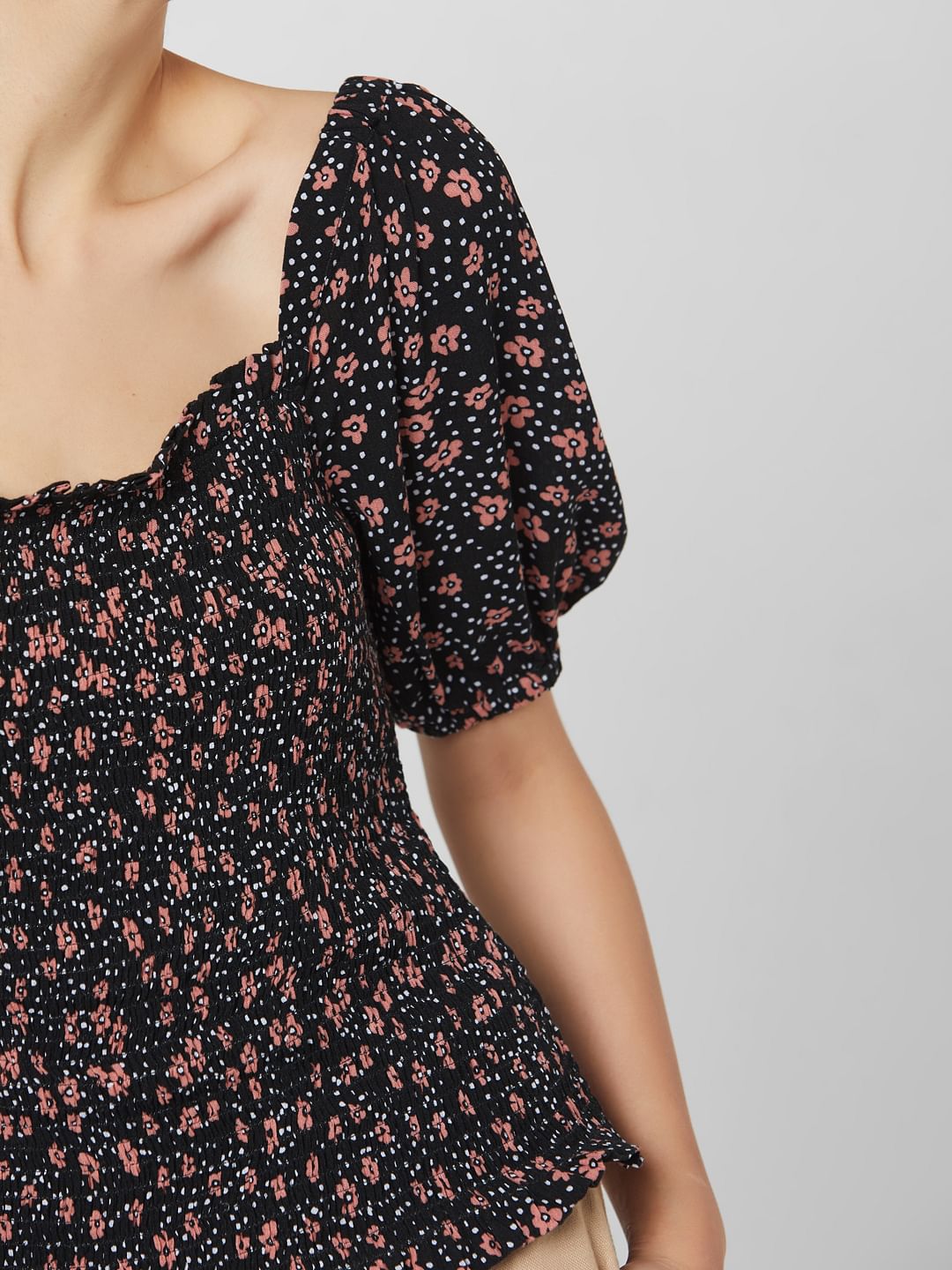 Black All Over Floral Print Smock Top