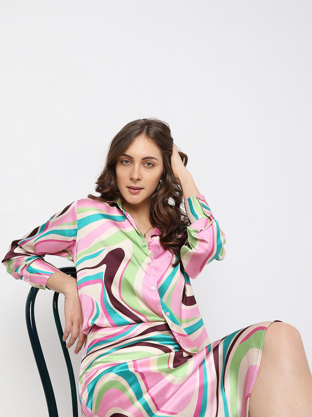 Beige Swirl Print Co-Ord Satin Shirt