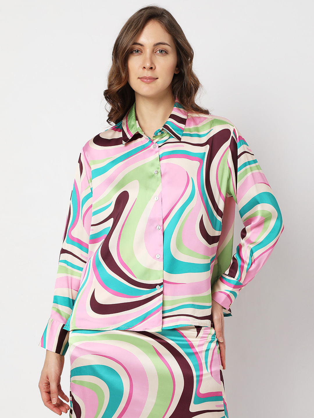 Beige Swirl Print Co-Ord Satin Shirt