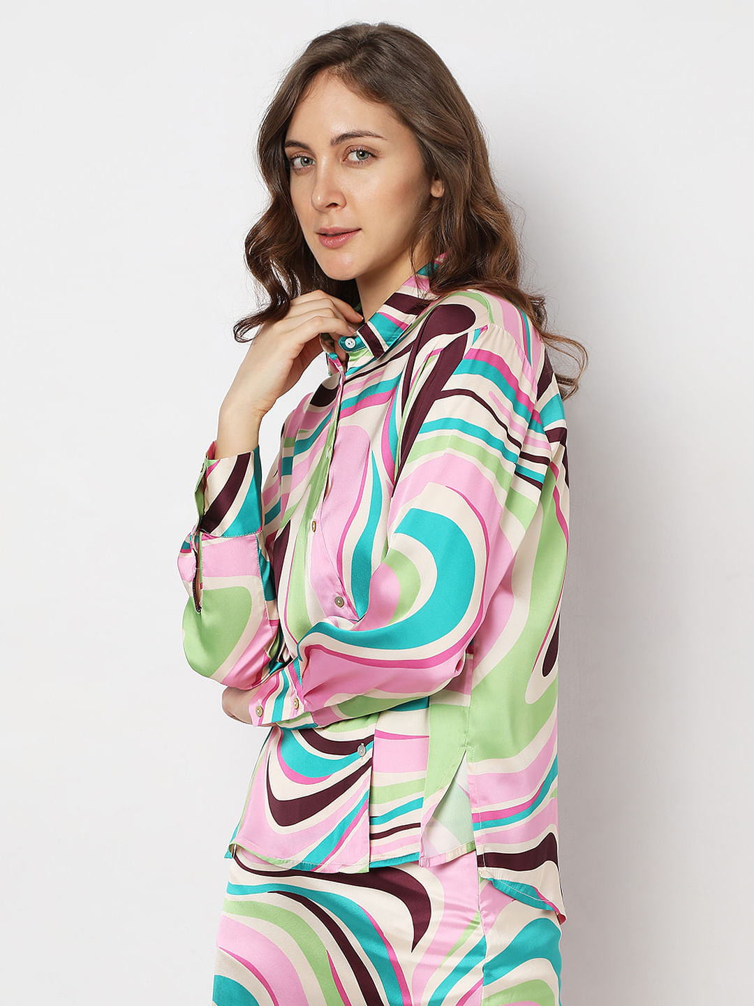 Beige Swirl Print Co-Ord Satin Shirt