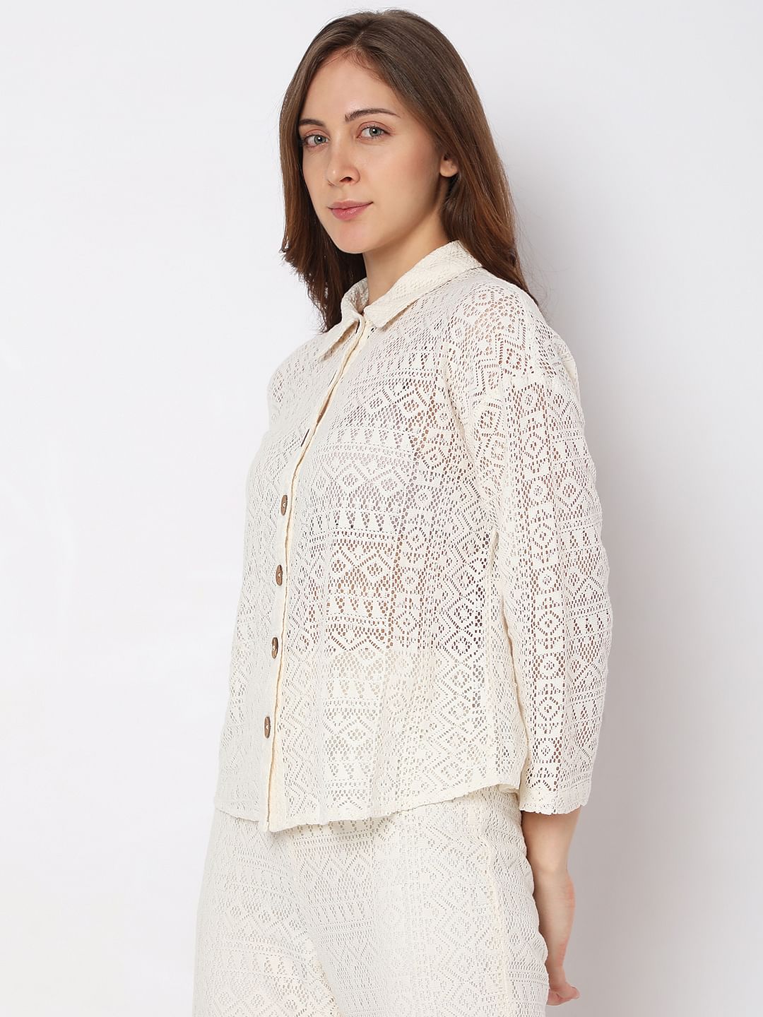 White Crochet Lace Co-Ord Set Shirt