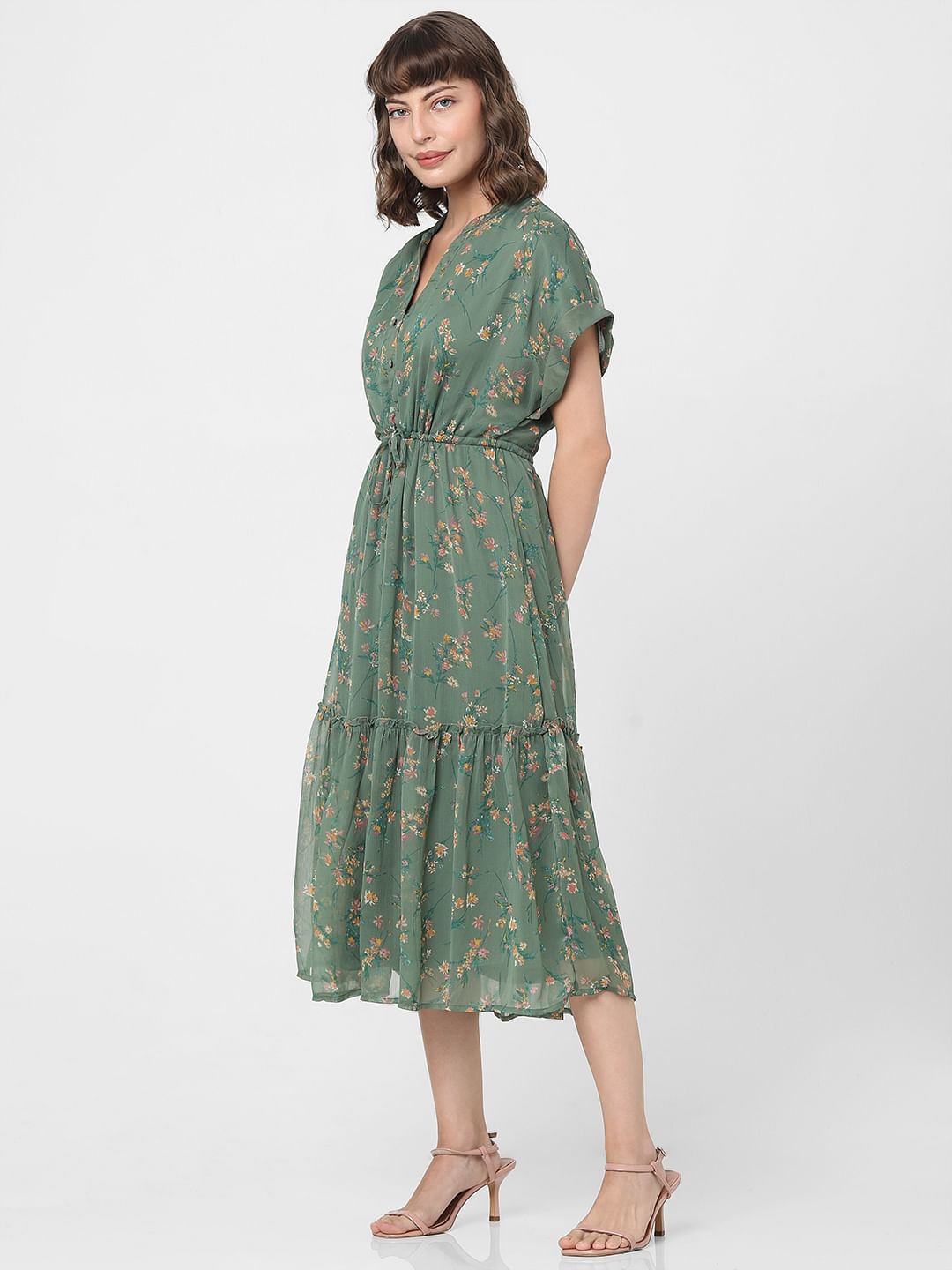 Dull Green Floral Print Midi Dress