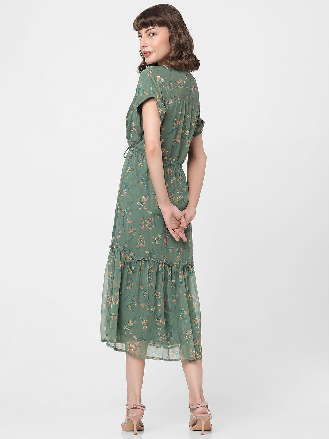 Dull Green Floral Print Midi Dress