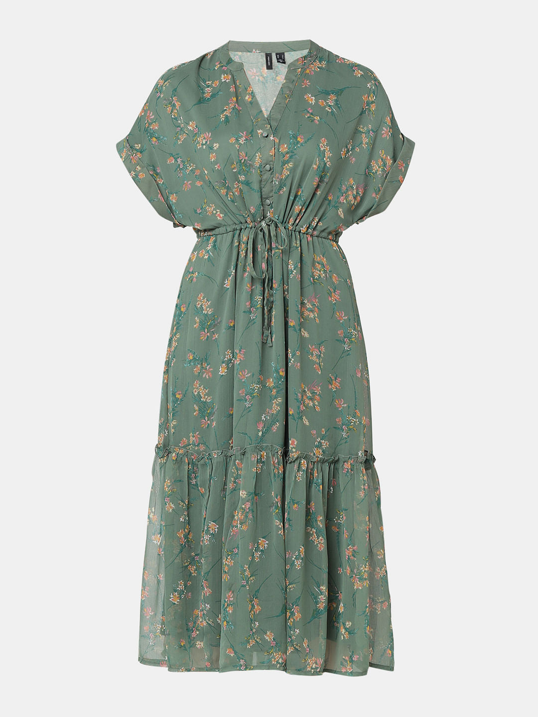 Dull Green Floral Print Midi Dress