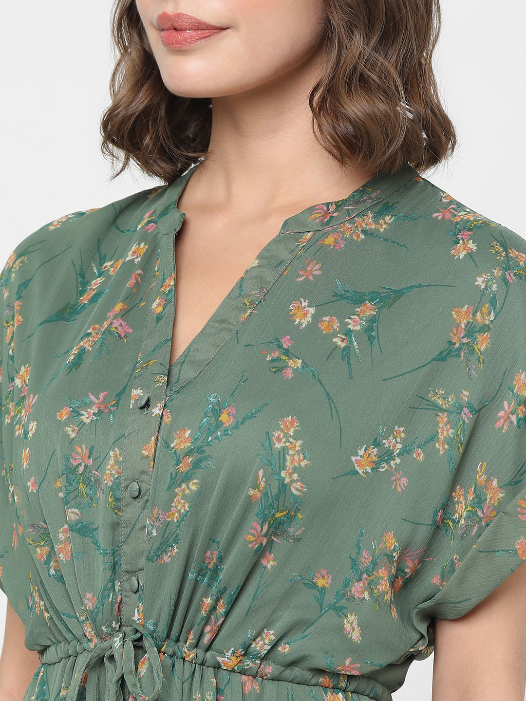 Dull Green Floral Print Midi Dress
