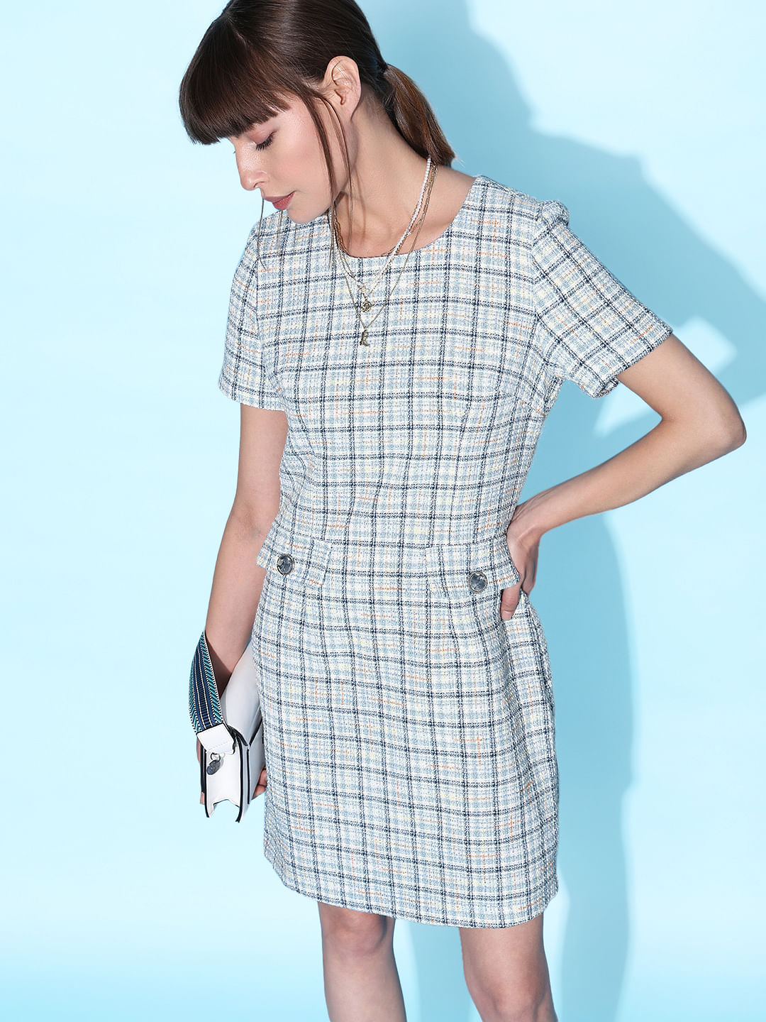 Light Blue Tweed Co-Ord Set Shift Dress