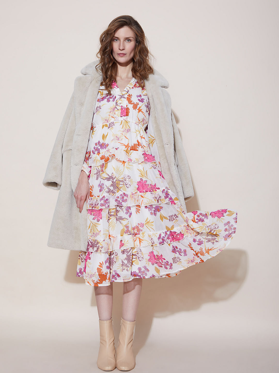 White & Pink Floral Midi Dress