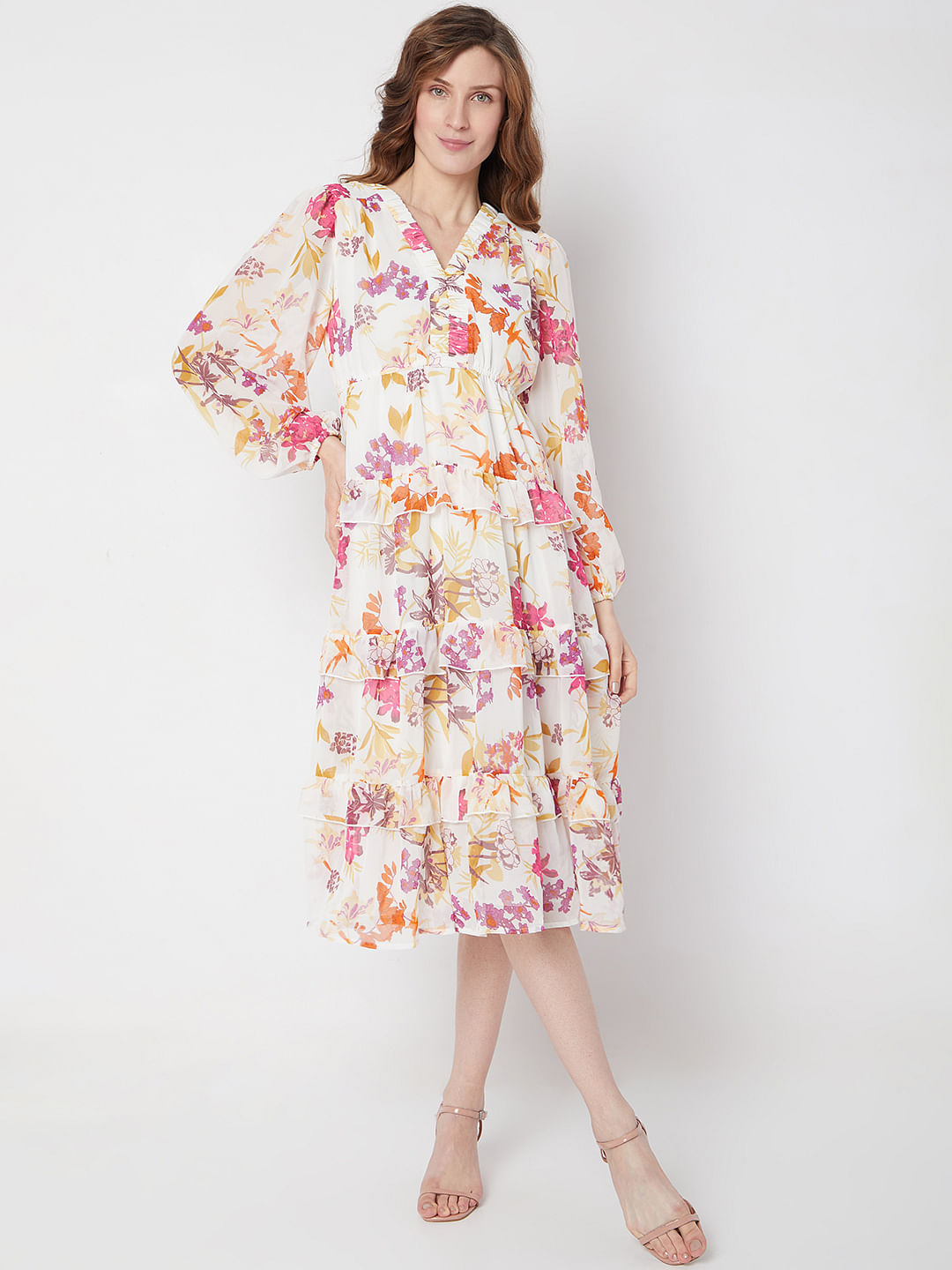 White & Pink Floral Midi Dress