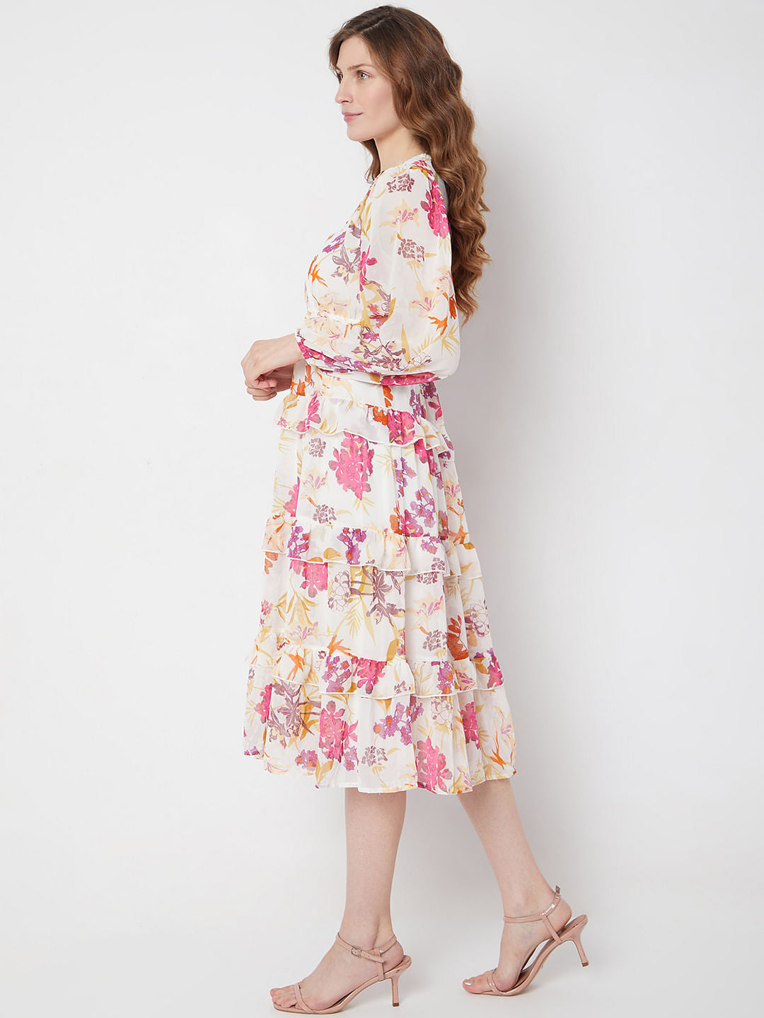 White & Pink Floral Midi Dress