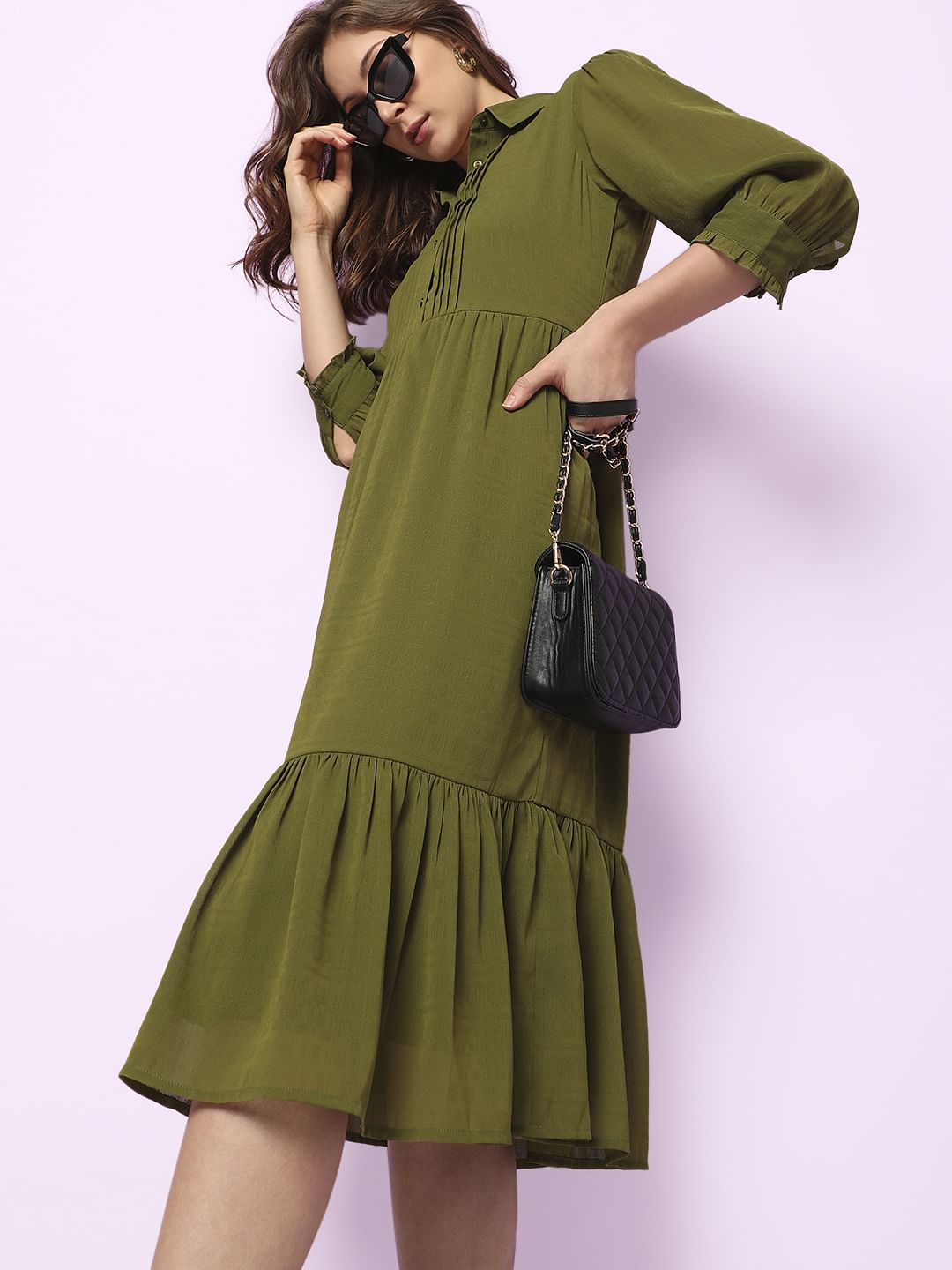 Olive Green Midi Shirt Dress