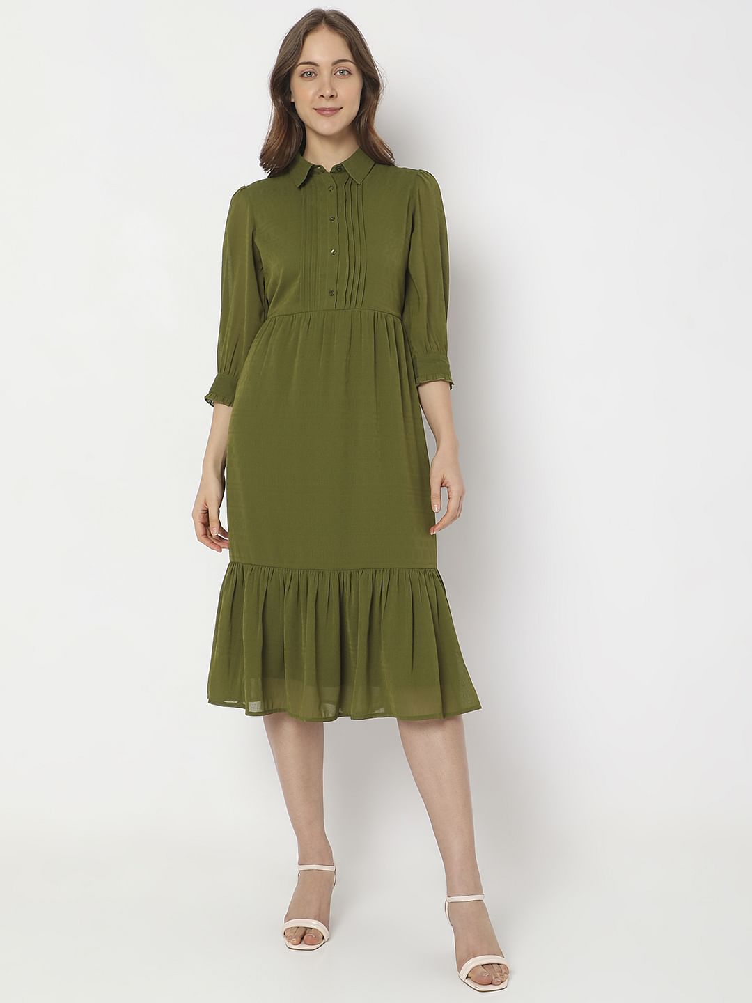 Olive Green Midi Shirt Dress