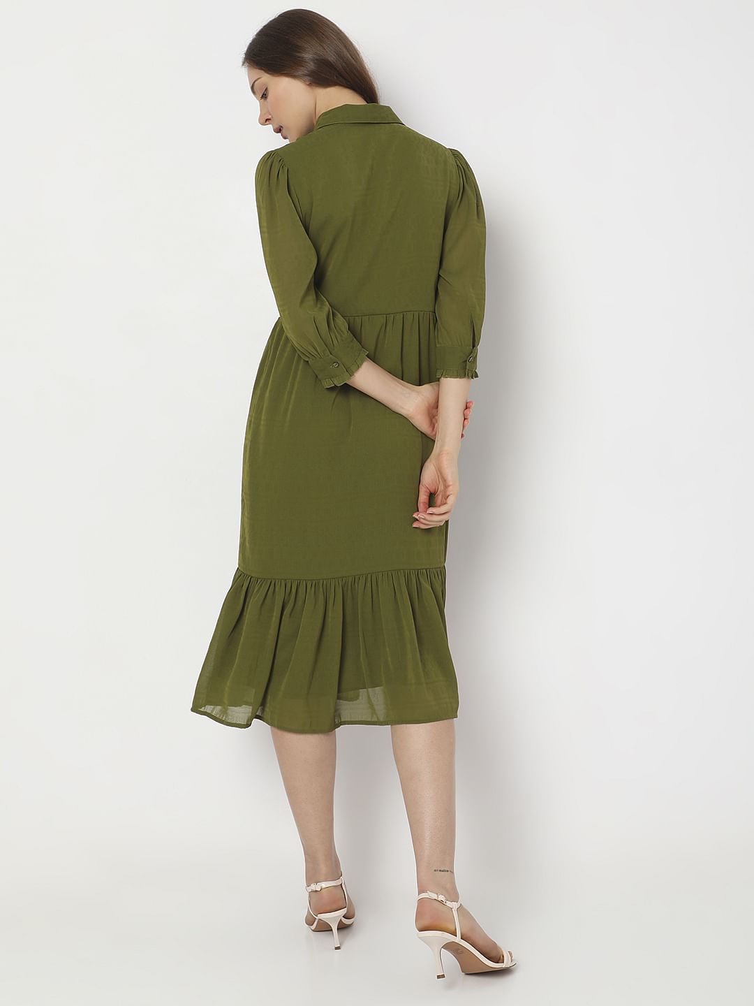 Olive Green Midi Shirt Dress