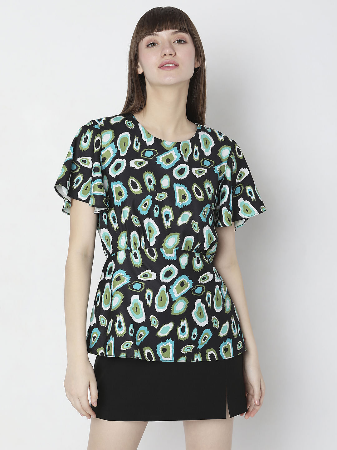 Black Abstract Print Peplum Top