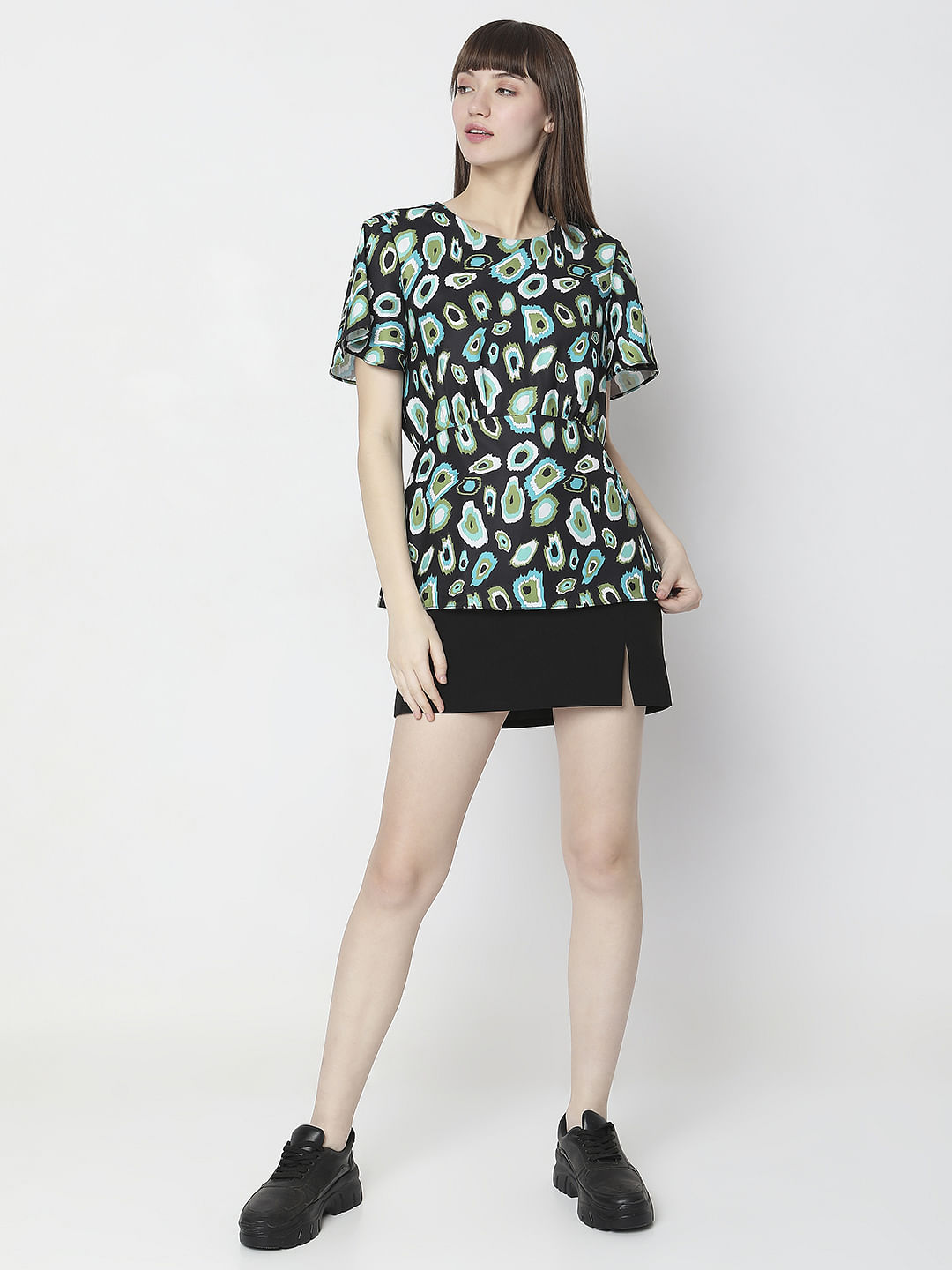 Black Abstract Print Peplum Top