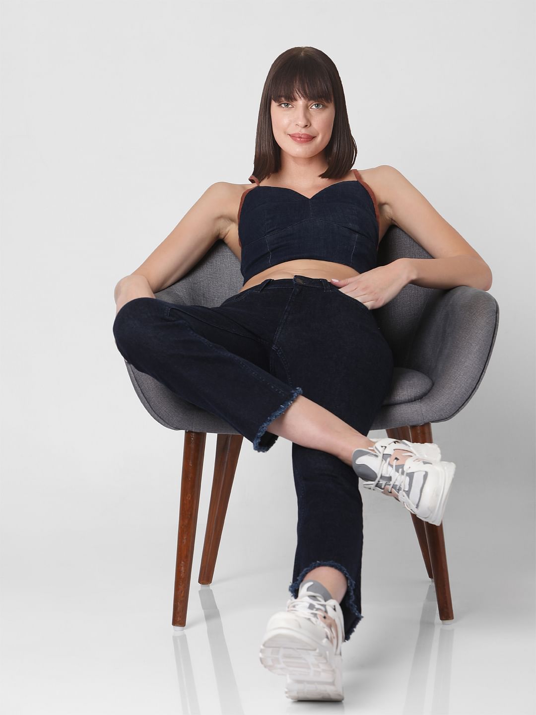 Dark Blue Mid Rise Boot Cut Jeans