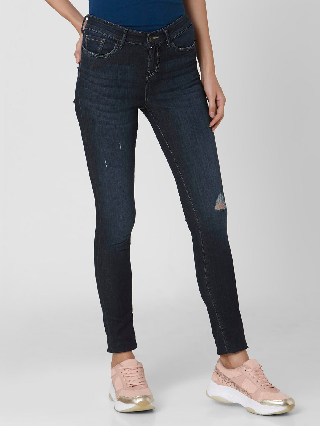 Dark Blue Mid Rise Ripped Skinny Jeans