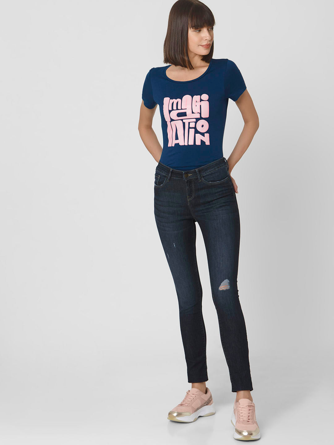 Dark Blue Mid Rise Ripped Skinny Jeans