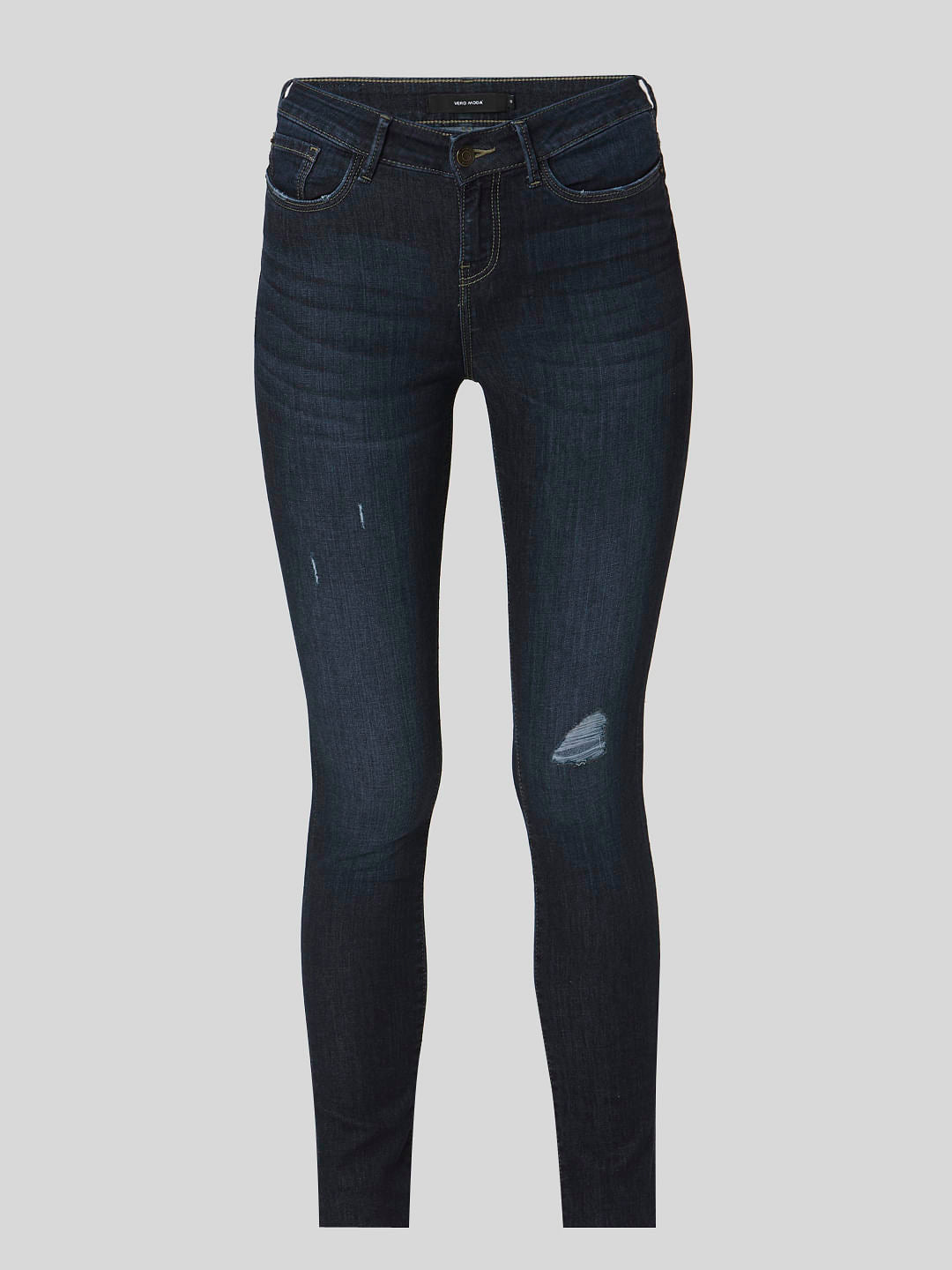 Dark Blue Mid Rise Ripped Skinny Jeans