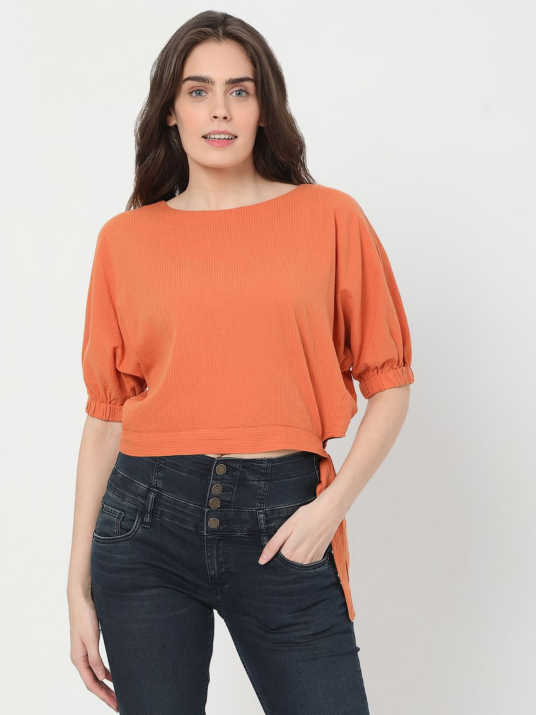 Orange Puff Sleeves Top