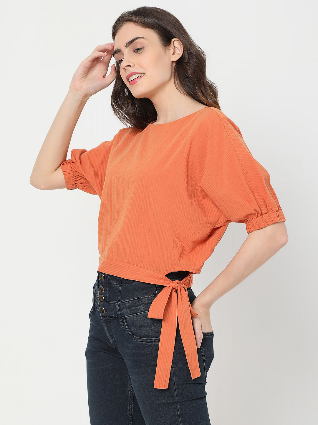 Orange Puff Sleeves Top