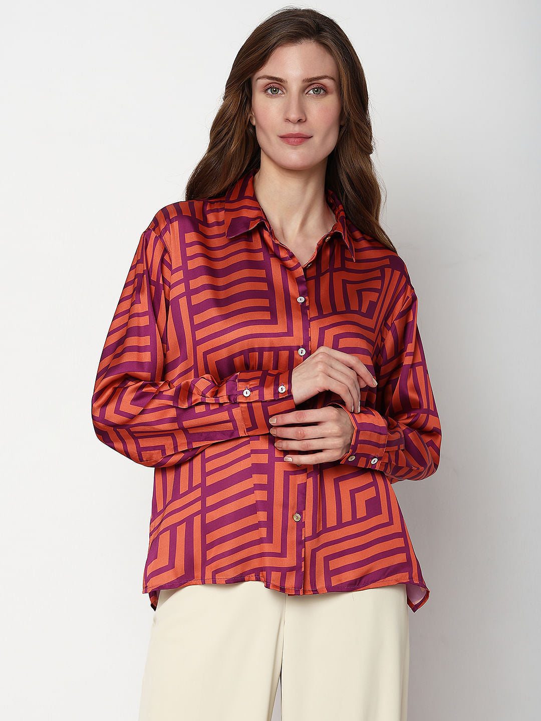 Coral Striped Satin Shirt