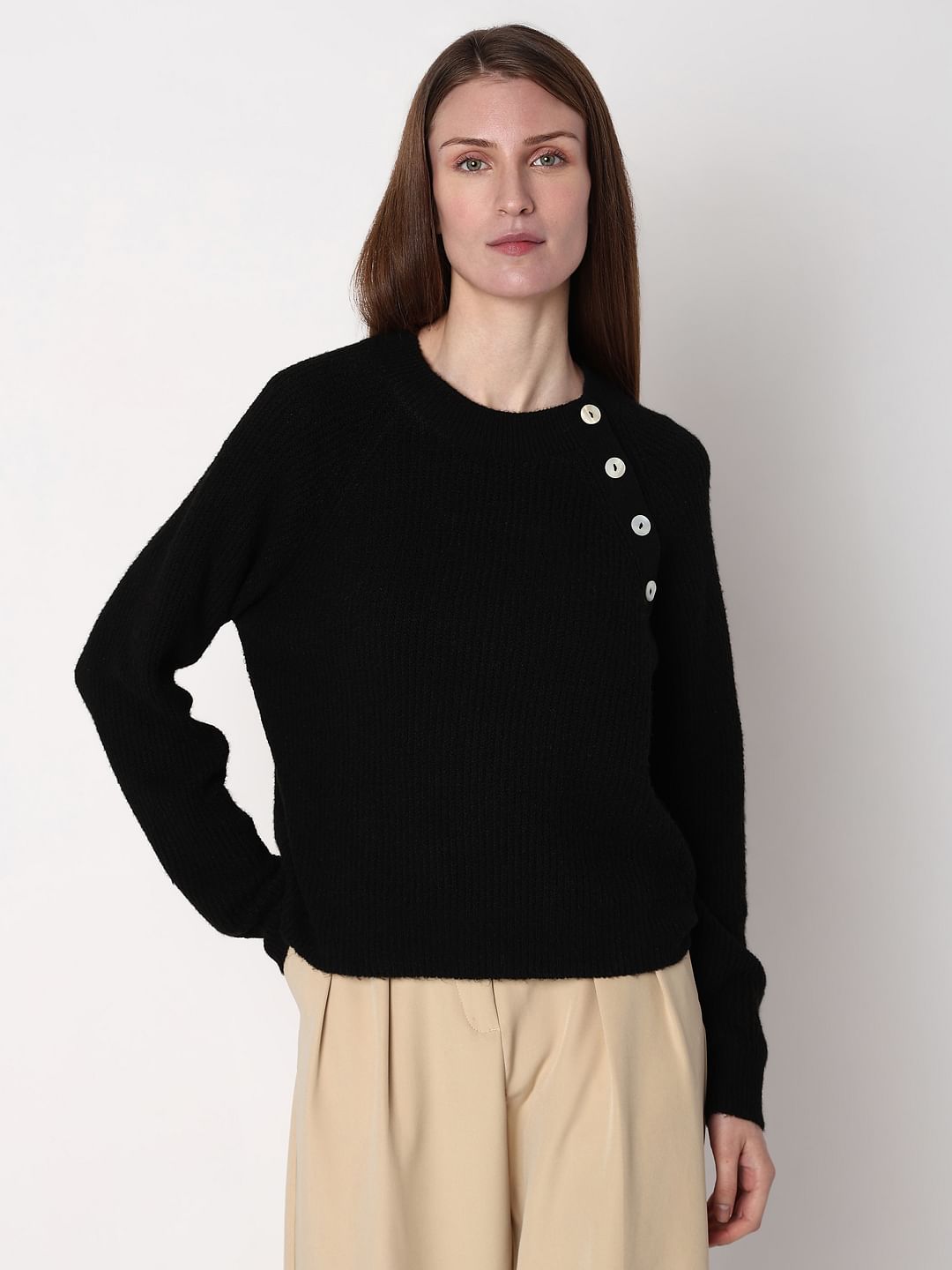 Black Metal Button Detail Pullover