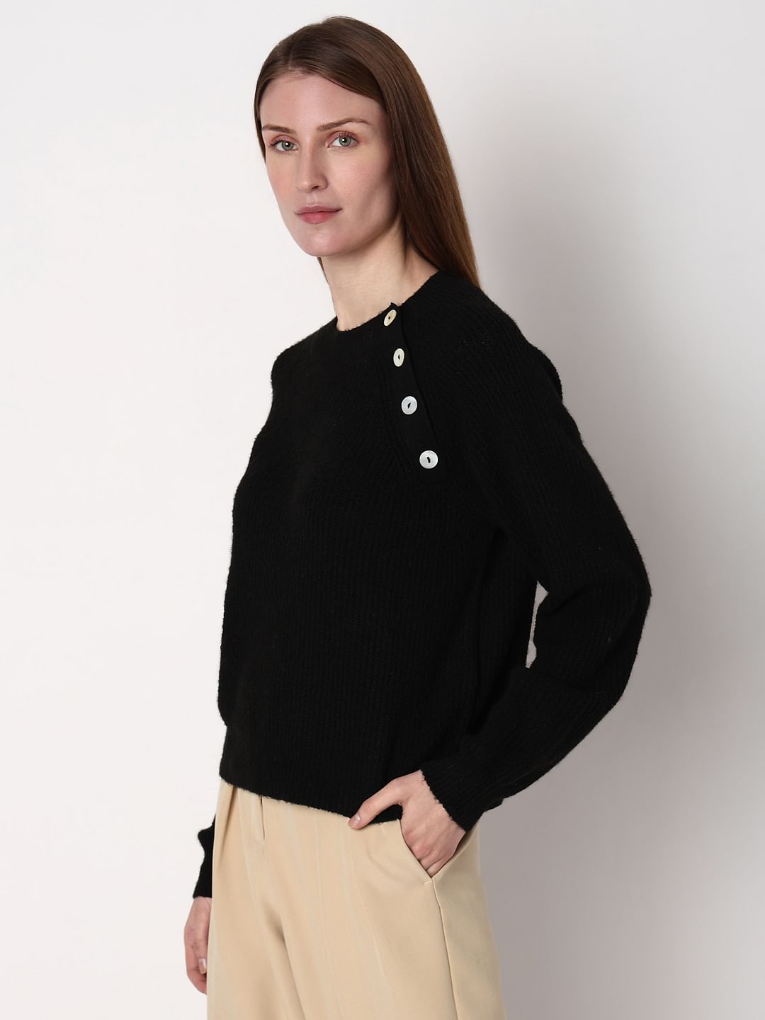 Black Metal Button Detail Pullover