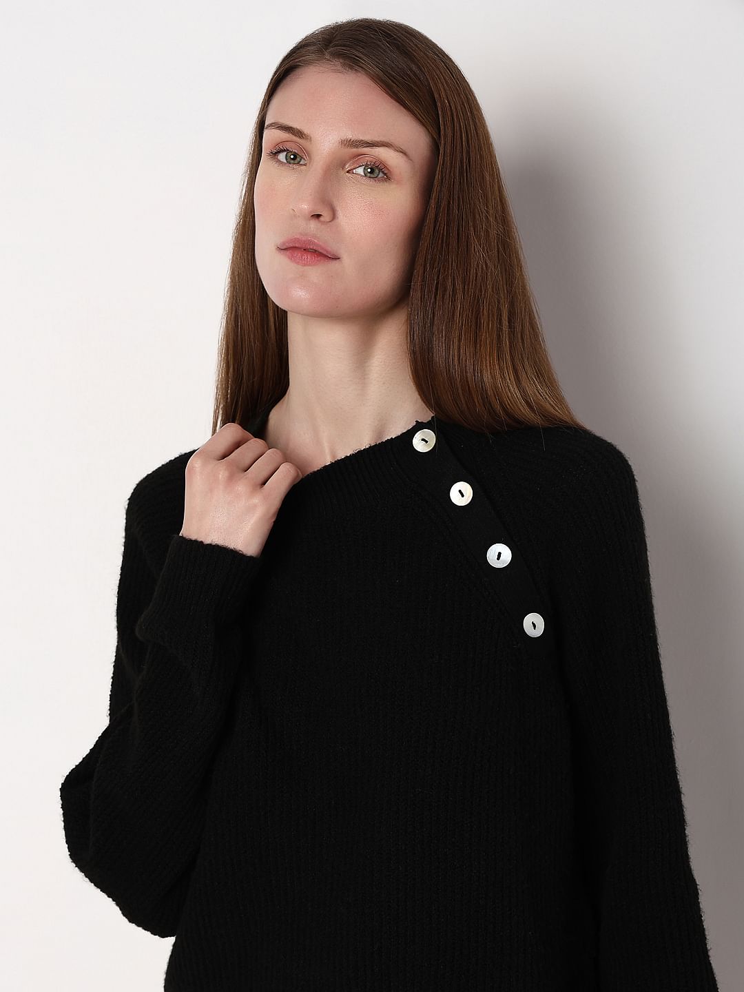 Black Metal Button Detail Pullover