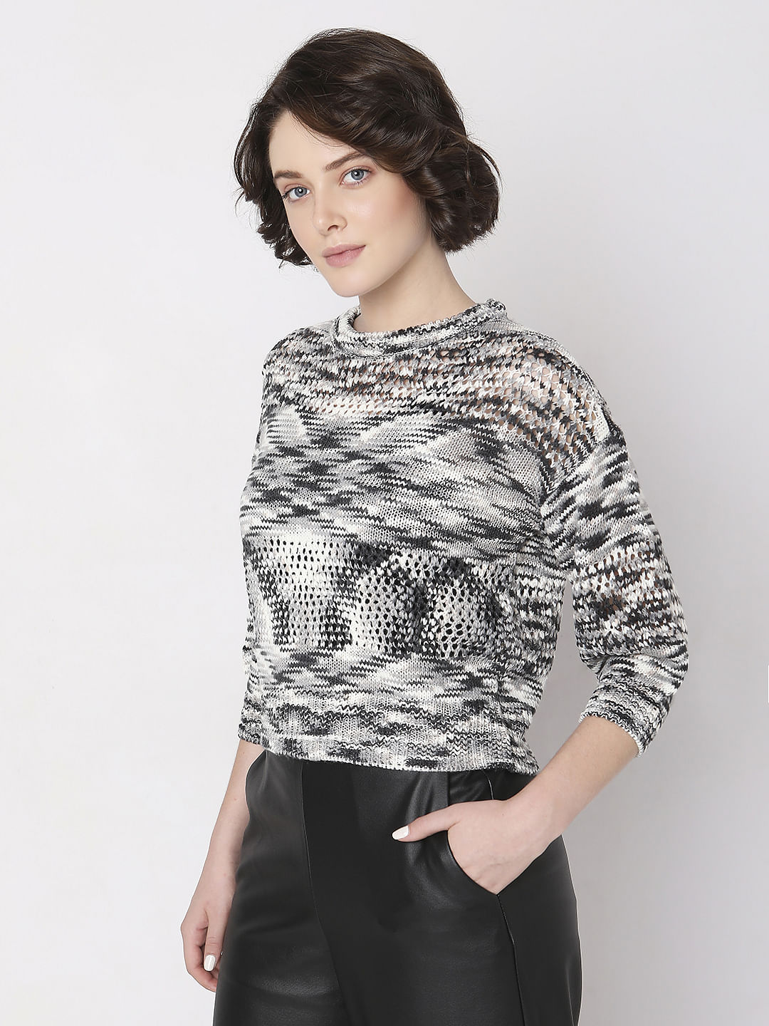 Black Printed Jacquard Knit Pullover