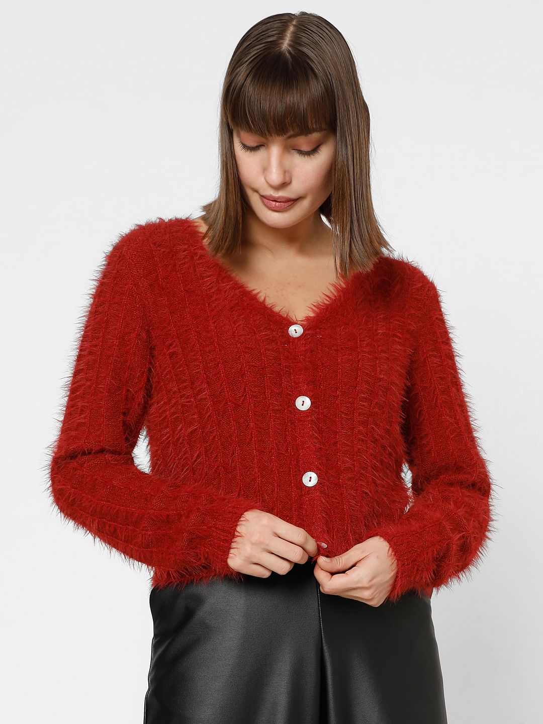Red Fuzzy Detail Cardigan