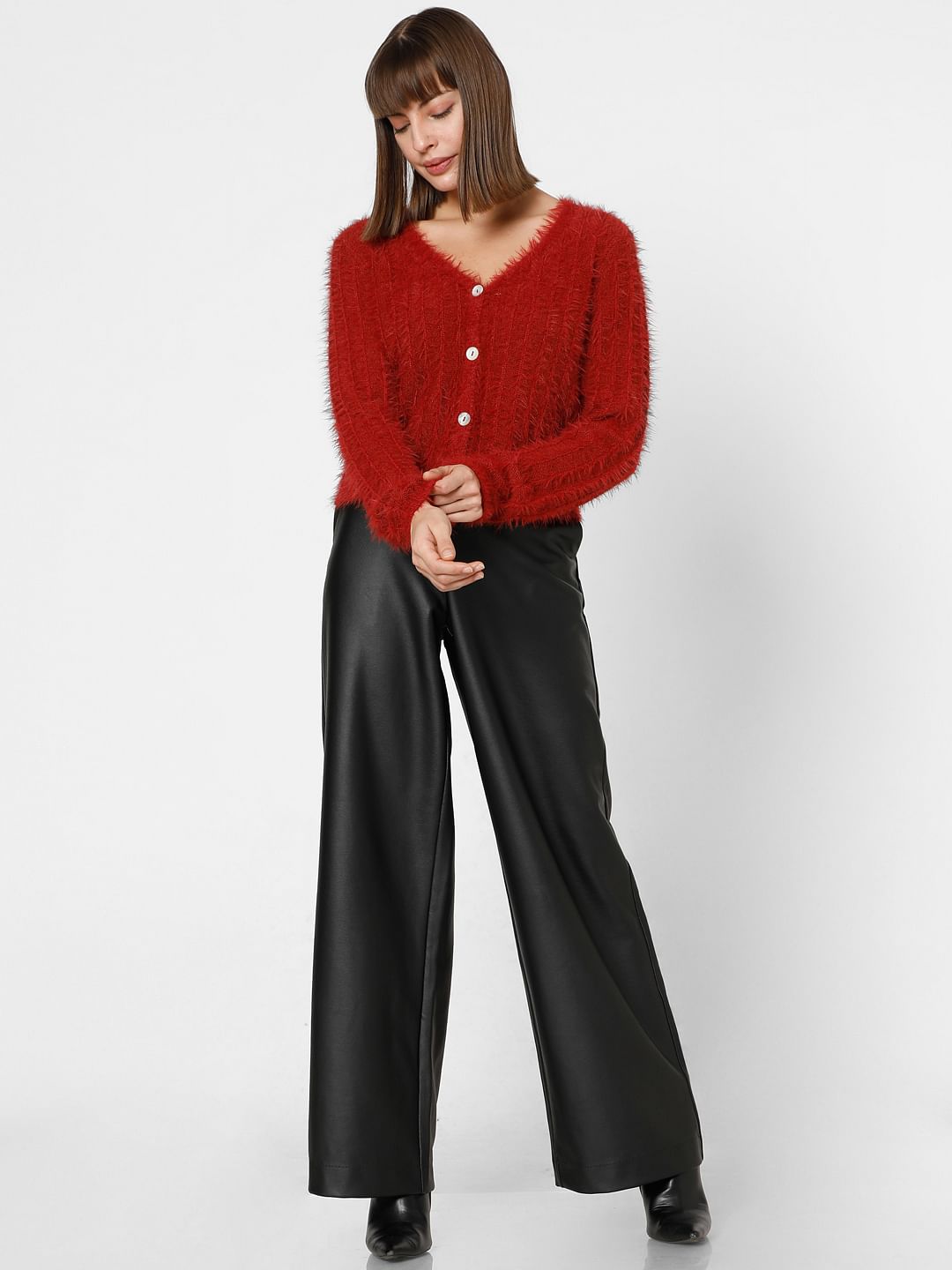 Red Fuzzy Detail Cardigan