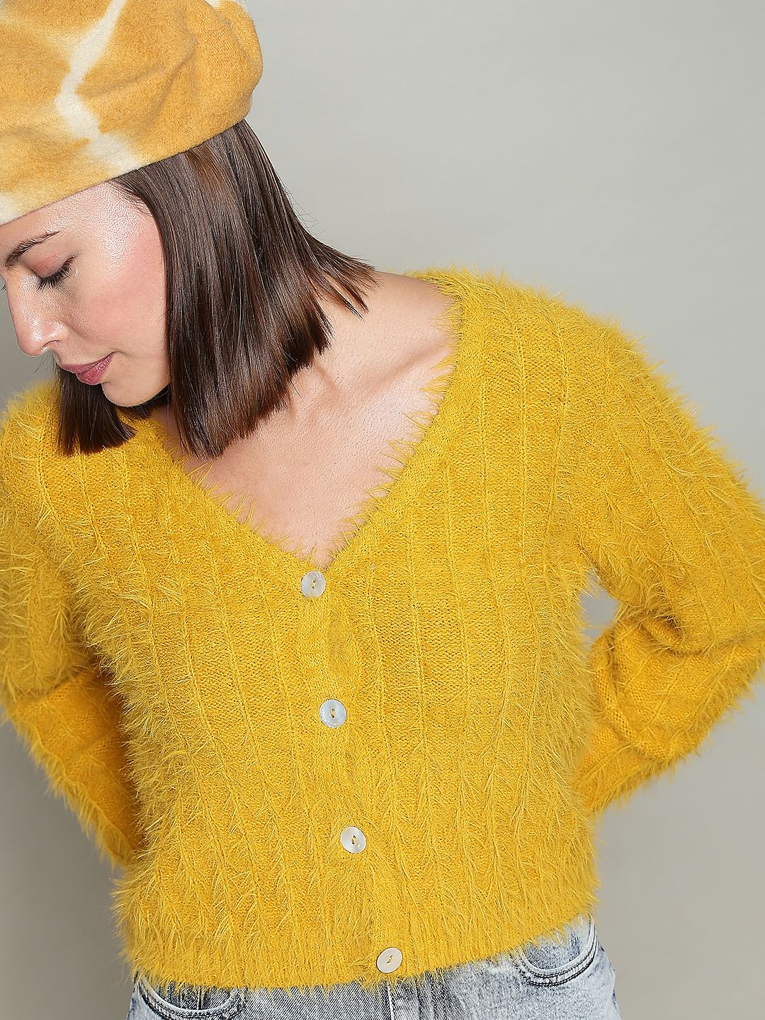 Yellow Fuzzy Detail Cardigan - XS