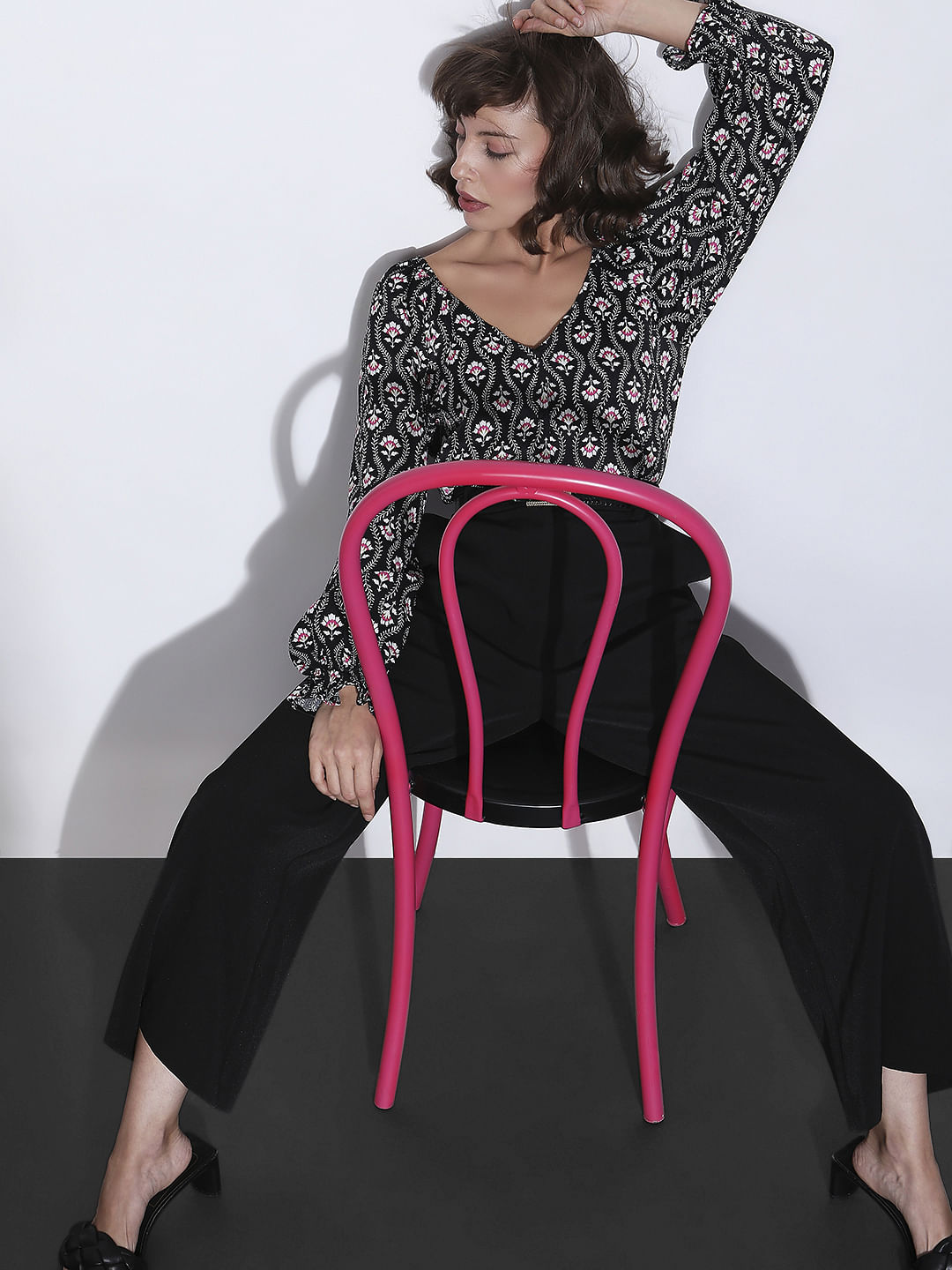 Black Floral Print Top