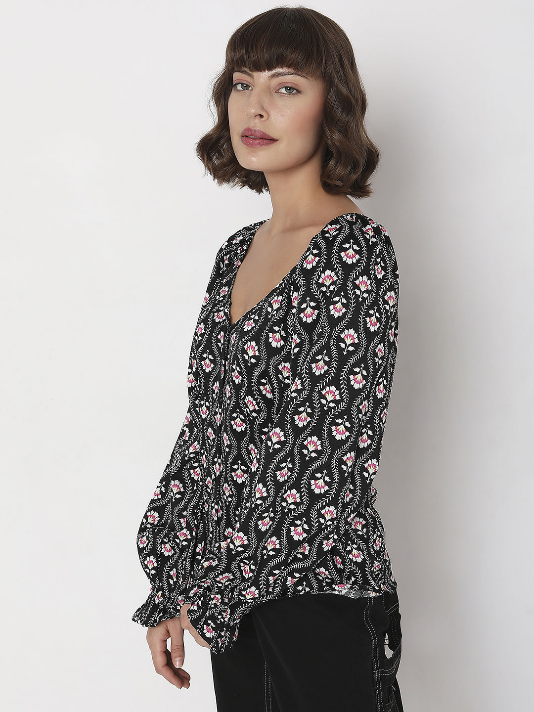Black Floral Print Top