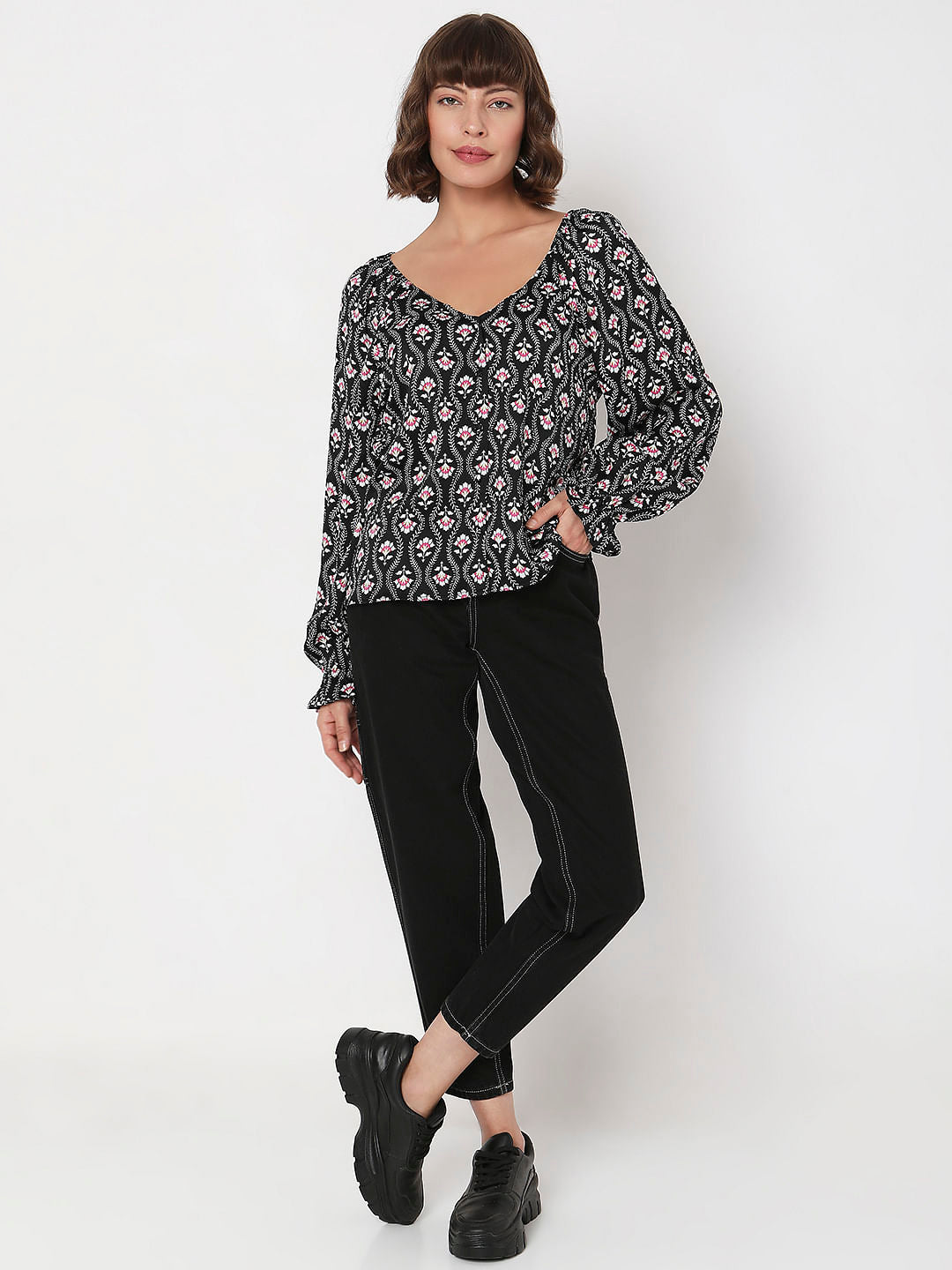 Black Floral Print Top