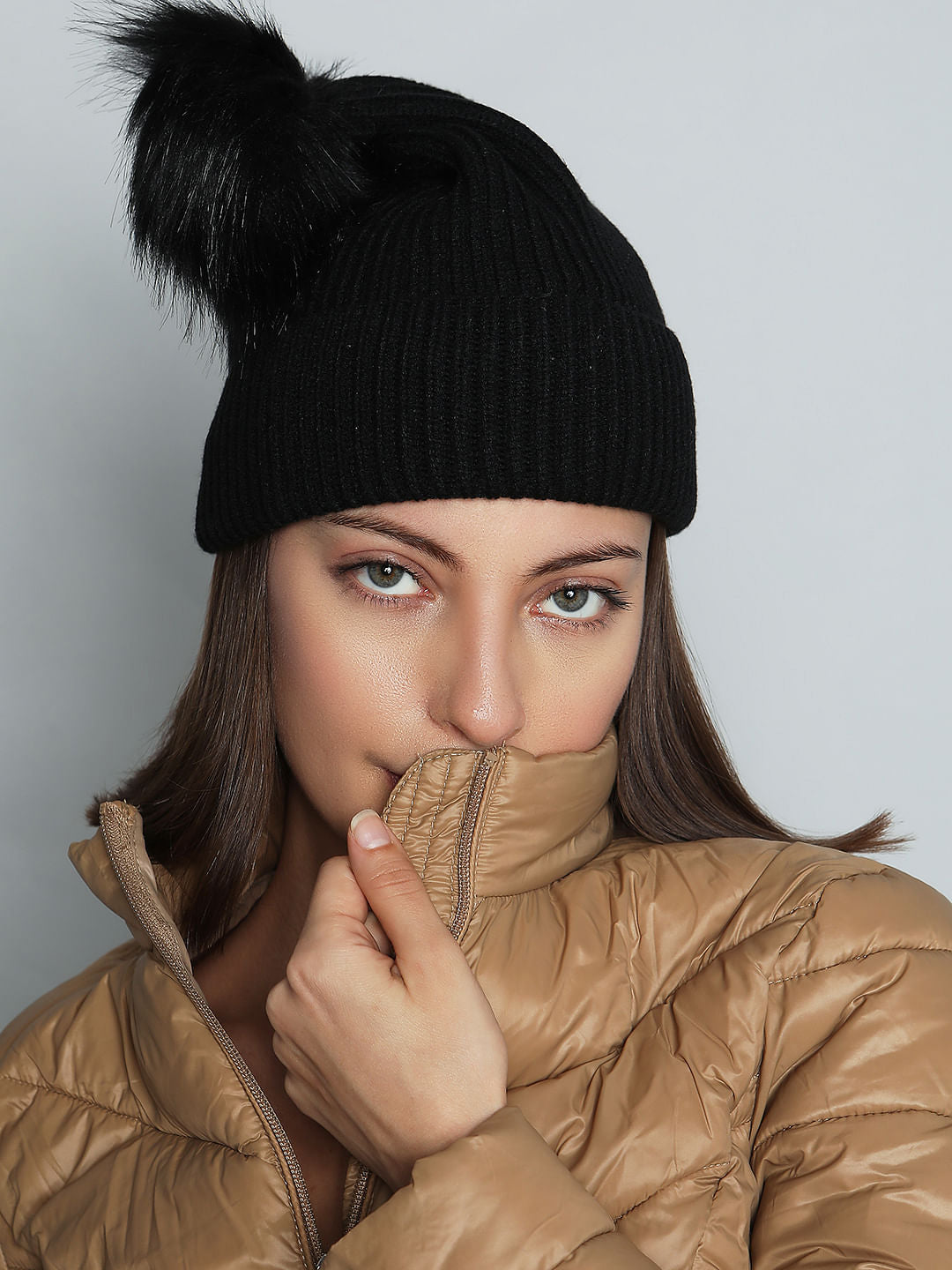 Black Woollen Pompom Beanie