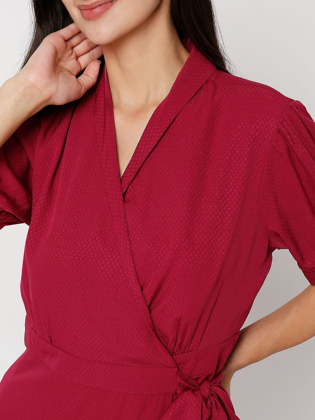 Dark Red V-Neck Wrap Dress