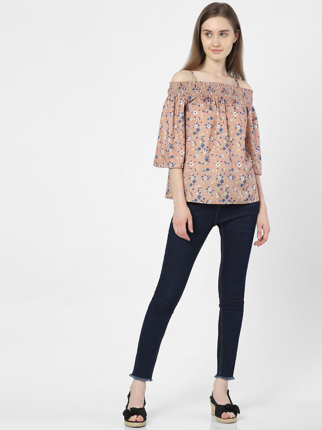 Beige Floral One Shoulder Top