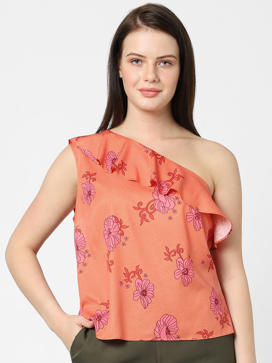 Orange Floral One-Shoulder Top
