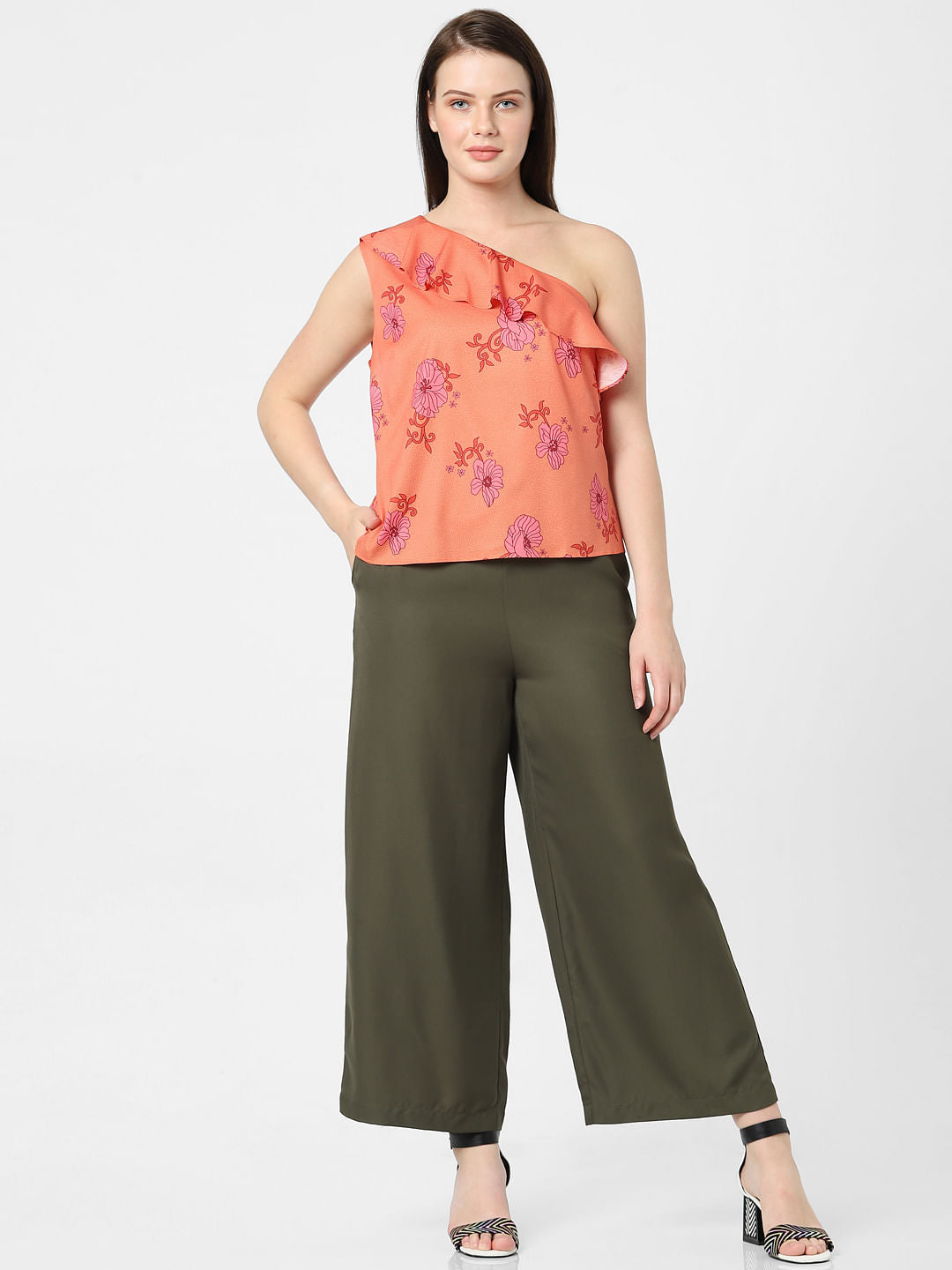 Orange Floral One-Shoulder Top