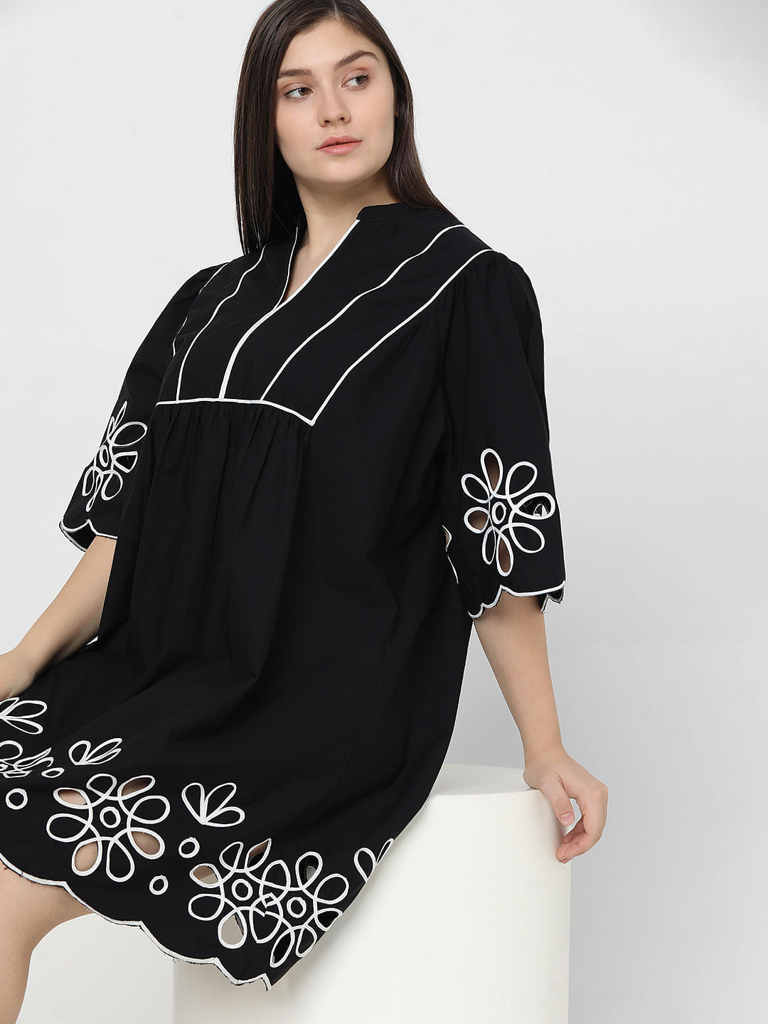 Curve Black Cutwork Shift Dress