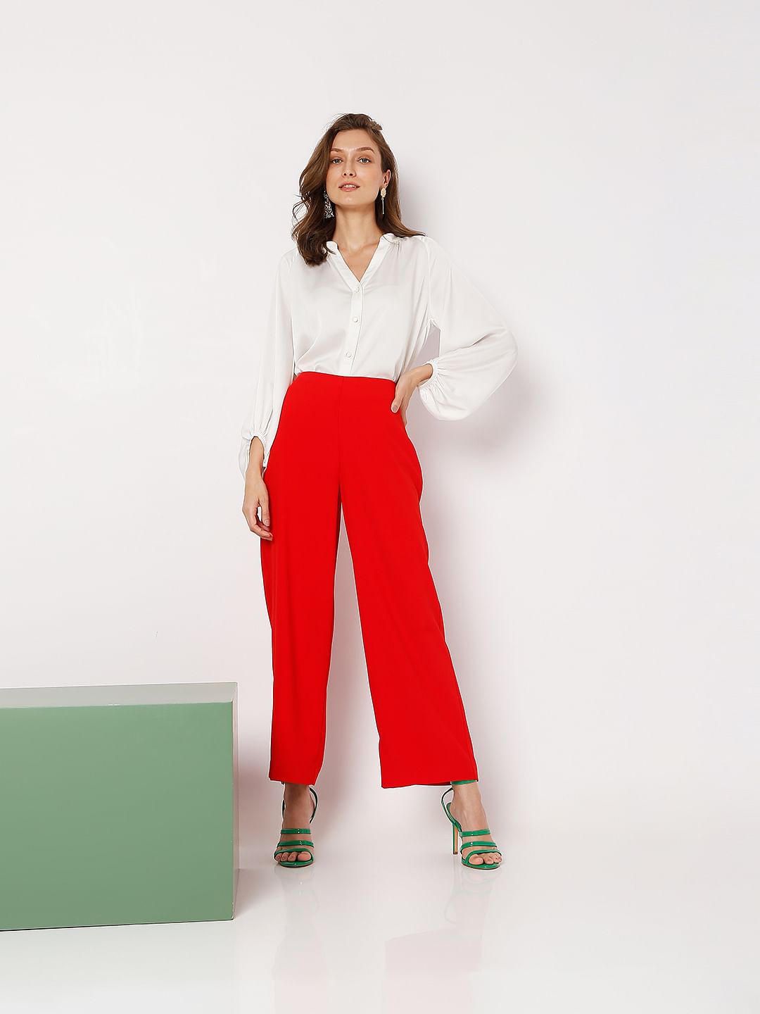 Red High Rise Wide Leg Co-Ord Set Pants