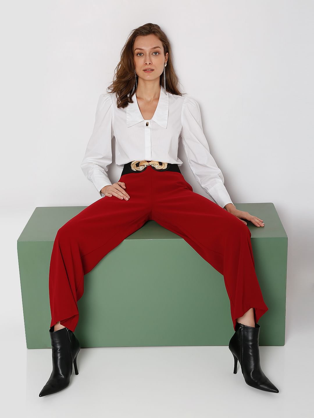 Maroon High Rise Wide Leg Co-Ord Set Pants