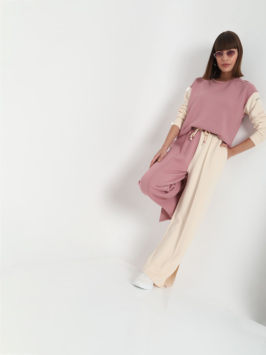 Beige Colourblocked Co-Ord Sweatpants