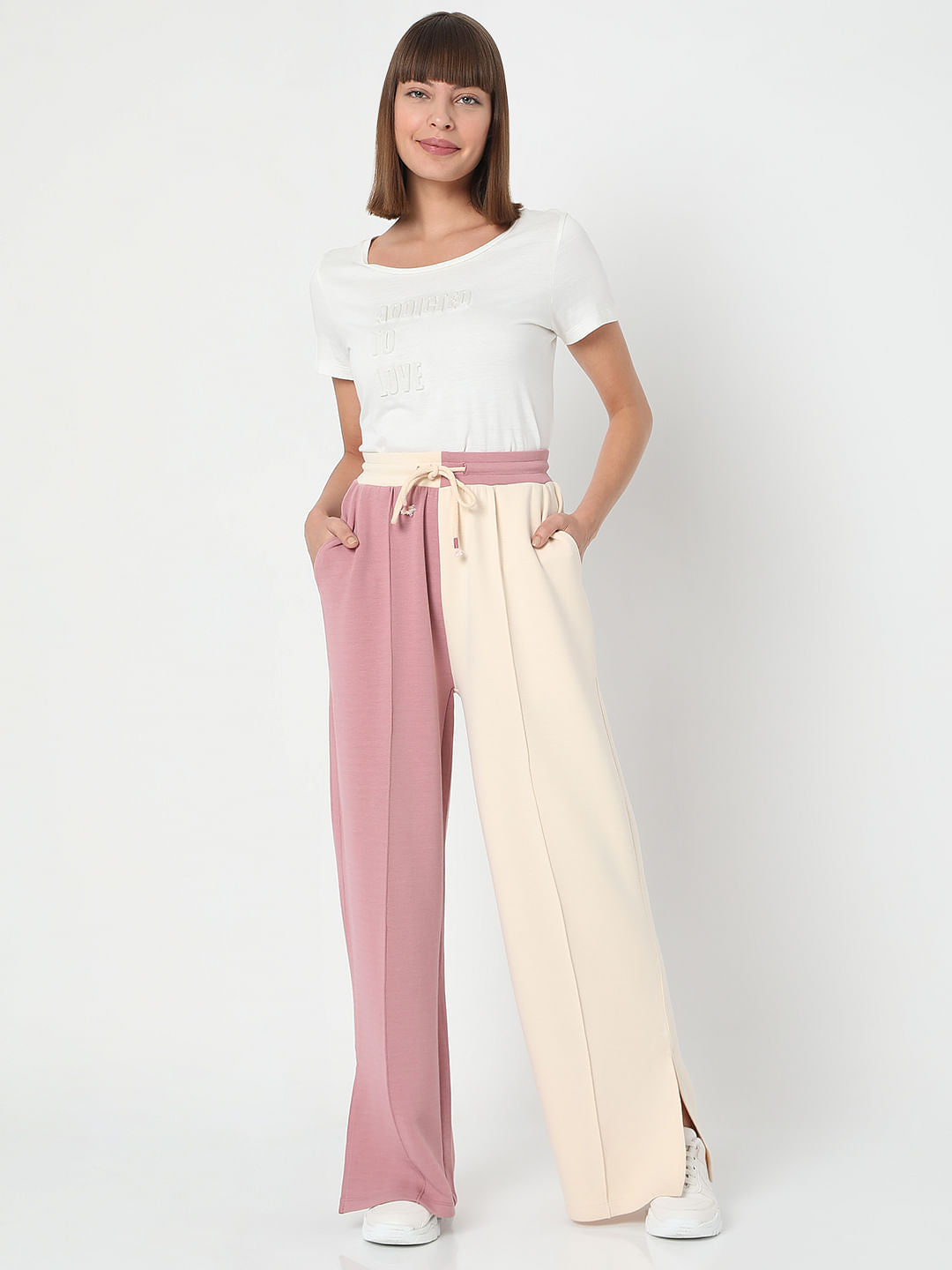 Beige Colourblocked Co-Ord Sweatpants