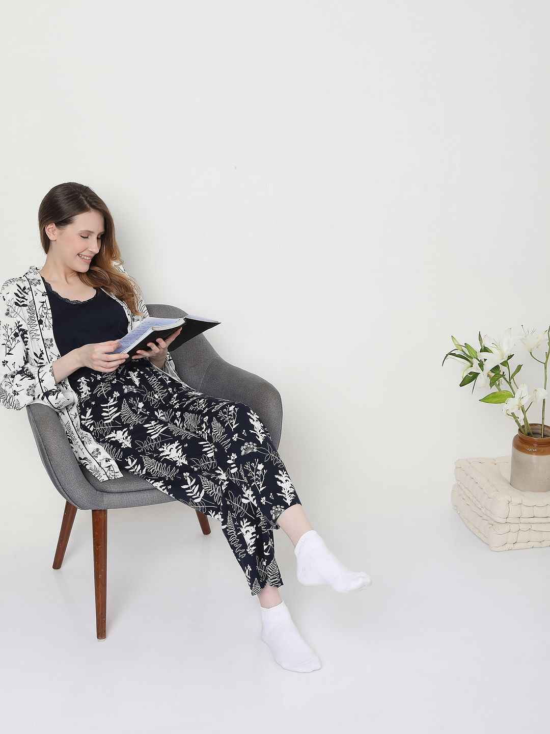 White Printed Jacket & Tank Top Pyjama Set