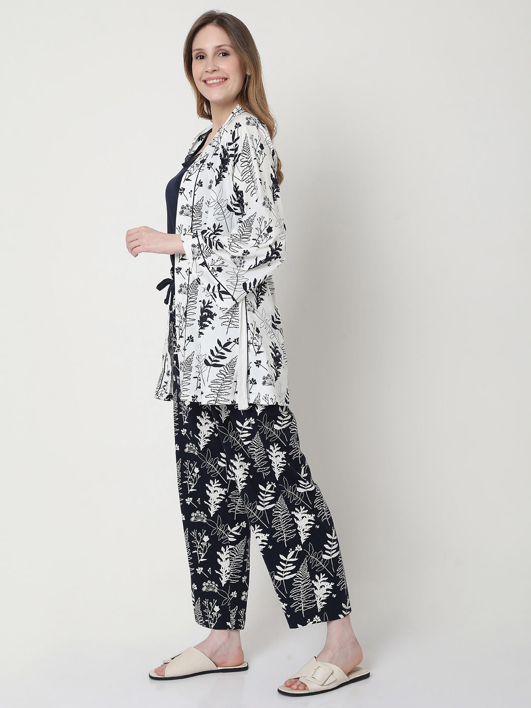 White Printed Jacket & Tank Top Pyjama Set