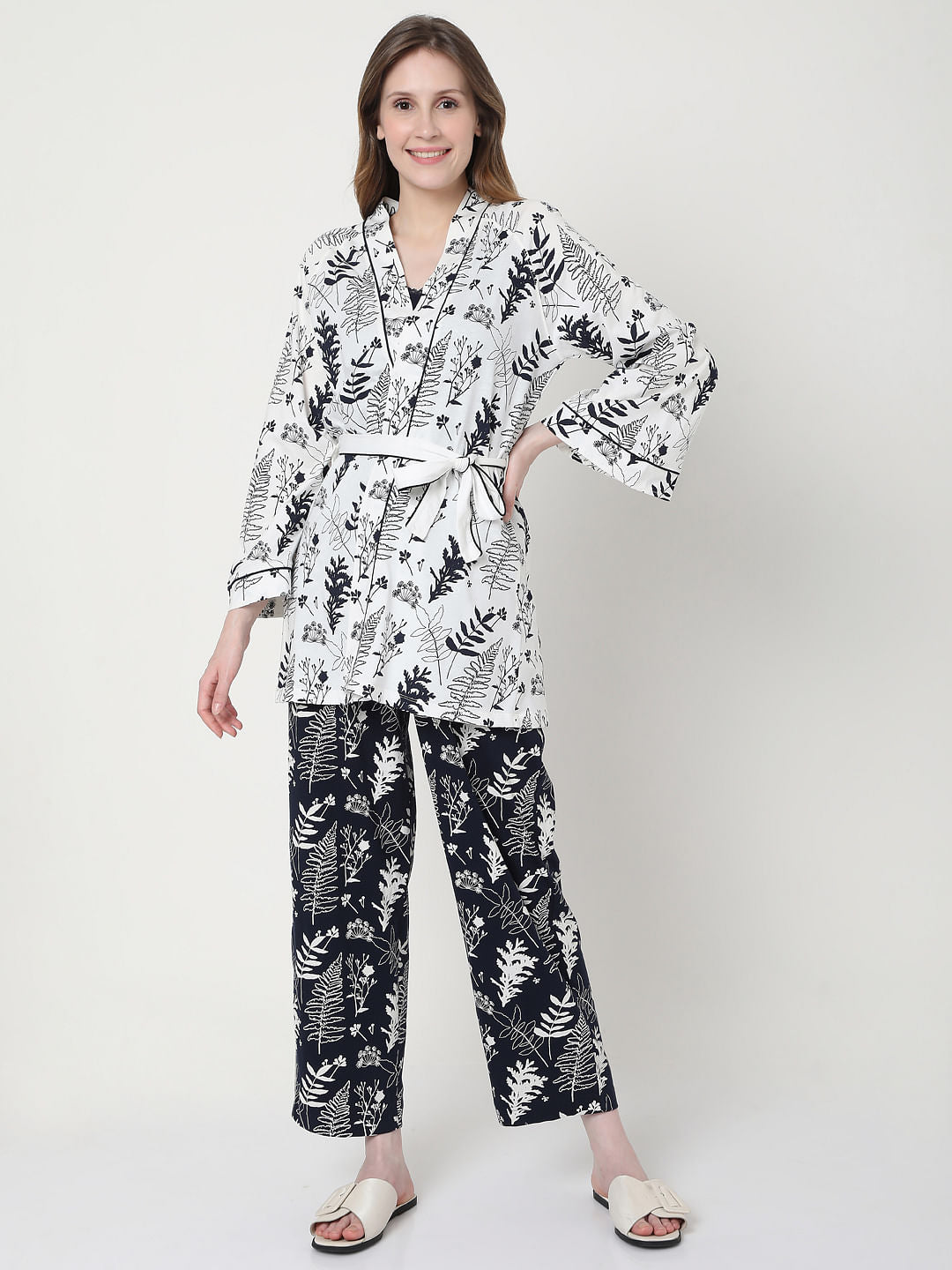 White Printed Jacket & Tank Top Pyjama Set